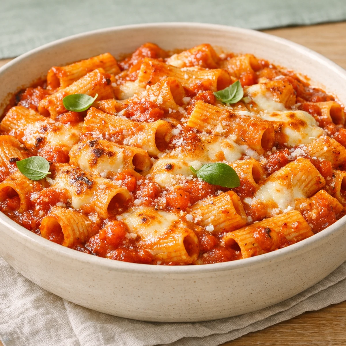 Baked rigatoni with rich tomato sauce, golden melted cheese and fresh basil