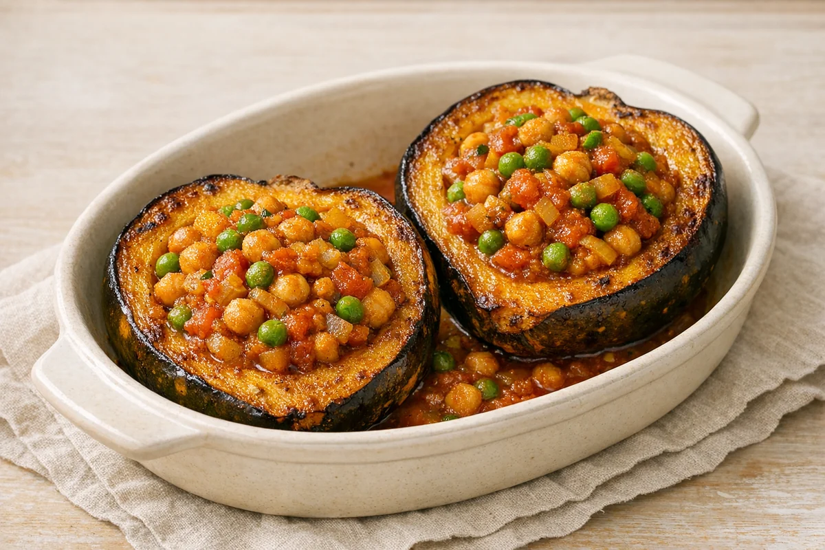 Baked acorn squash with curried vegetables, prepared and ready to eat