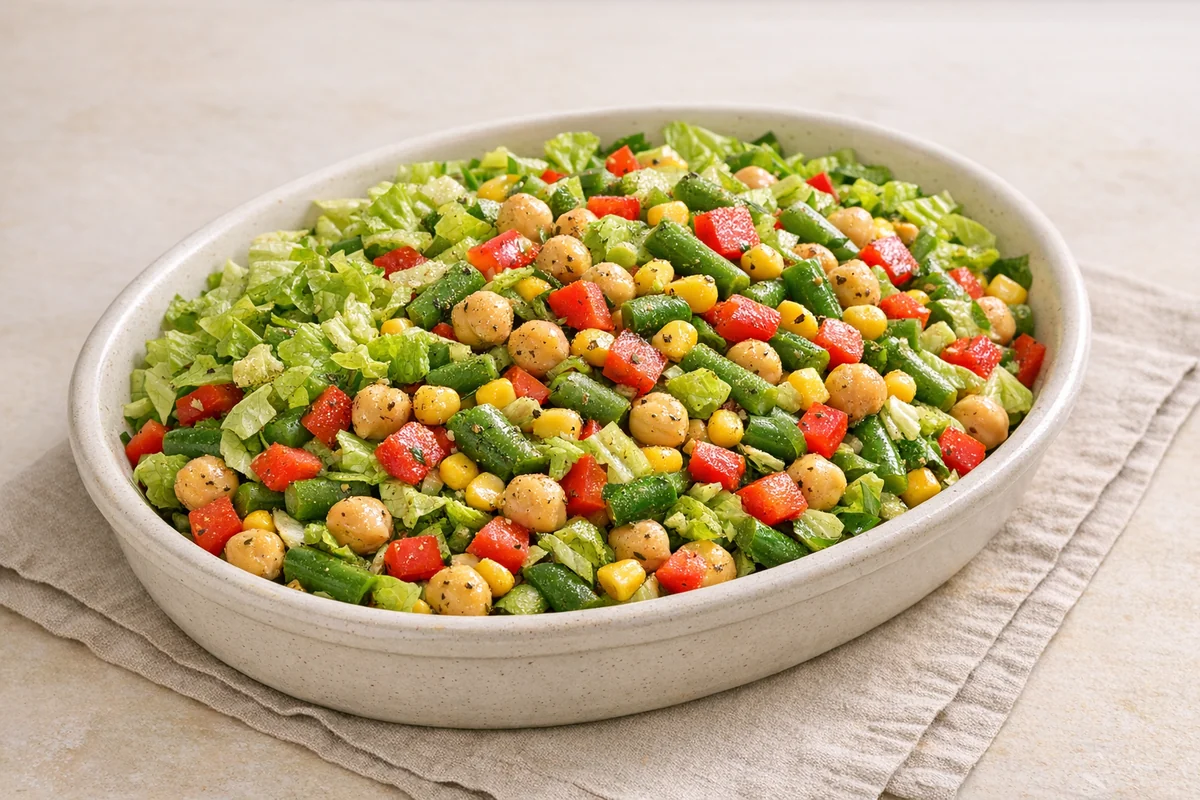 Colourful chopped salad, prepared and ready to eat