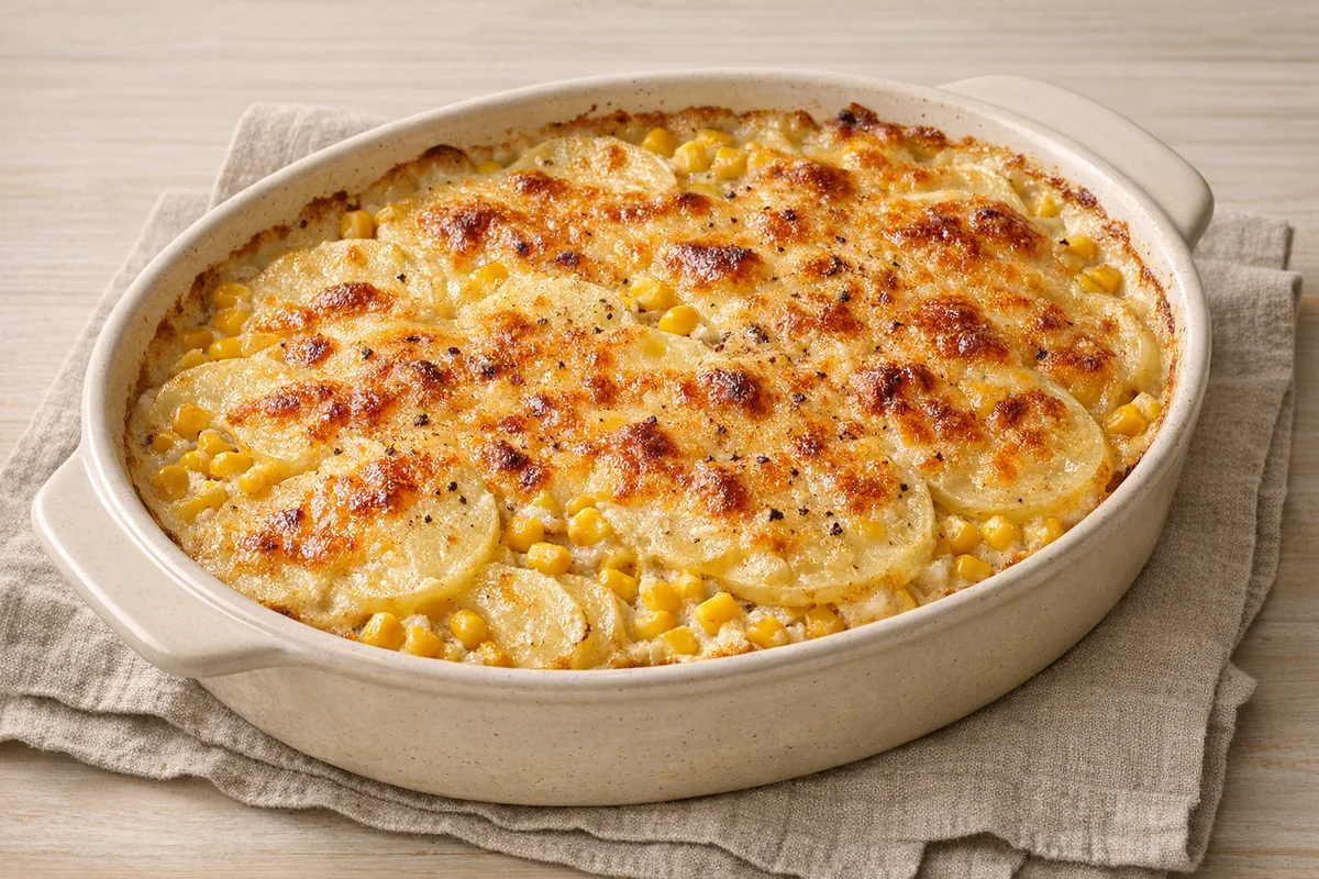 Corn & potato gratin with Gruyère, prepared and ready to eat