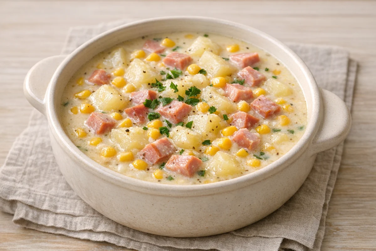 Ham & corn chowder, prepared and ready to eat