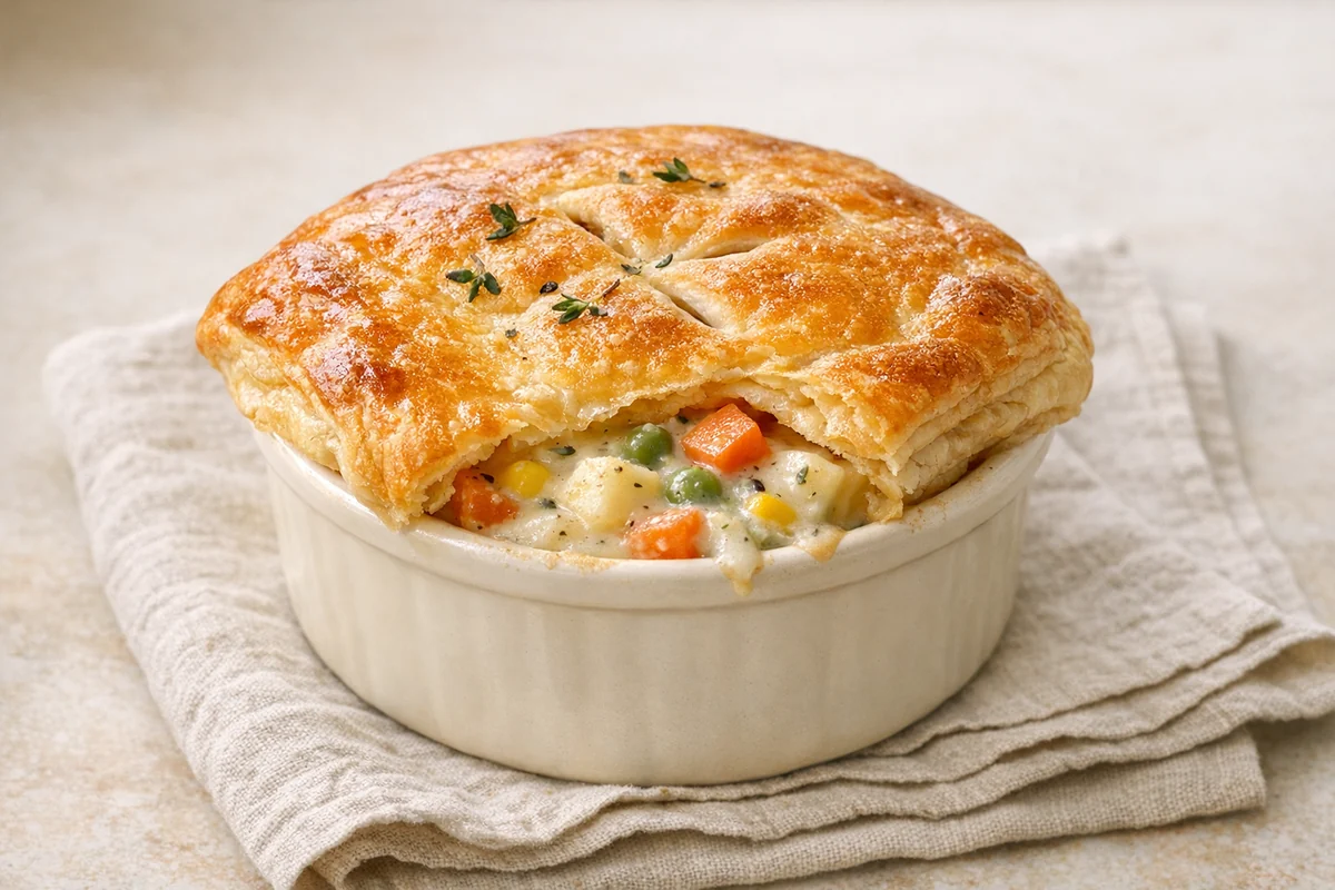 Individual herbed vegetable pot pies, prepared and ready to eat