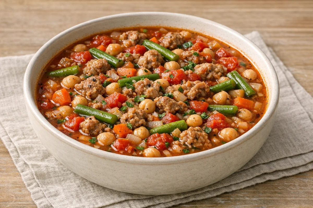 Sausage, green bean & chickpea soup, prepared and ready to eat