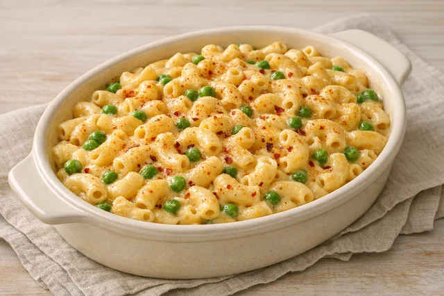 Mac & cheese with peas and a little heat