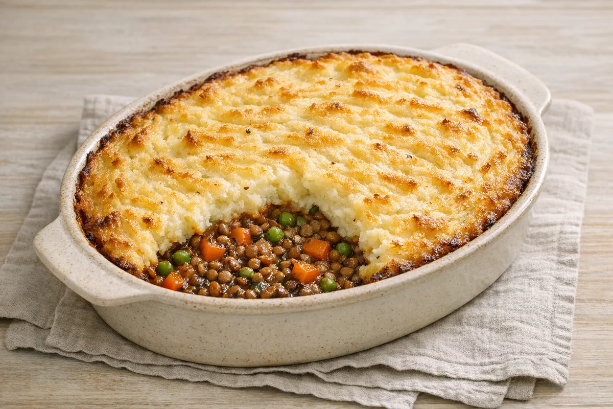 Lentil shepherd’s pie, prepared and ready to eat