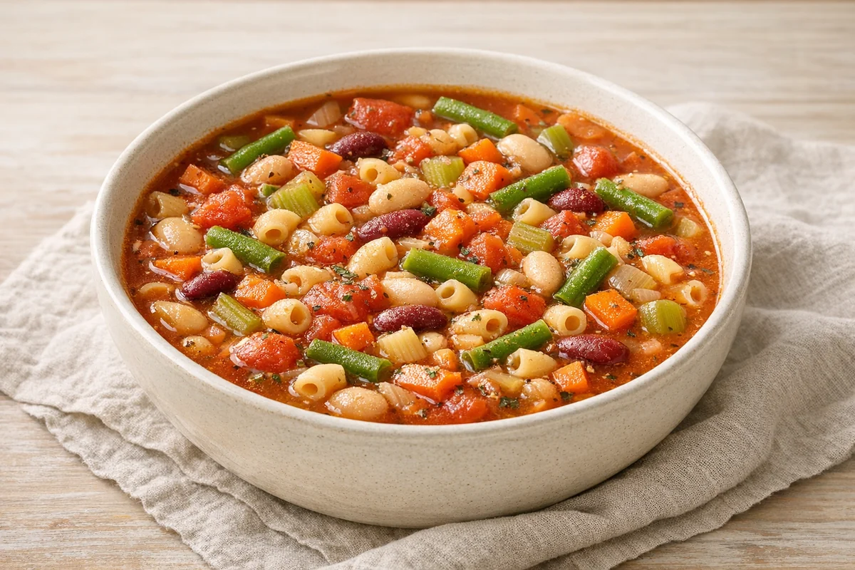 Everyday minestrone soup, prepared and ready to eat