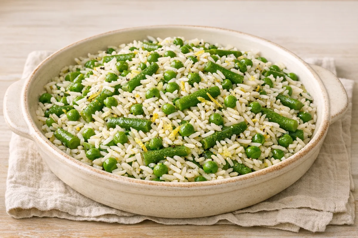 Pea & green bean rice medley, prepared and ready to eat
