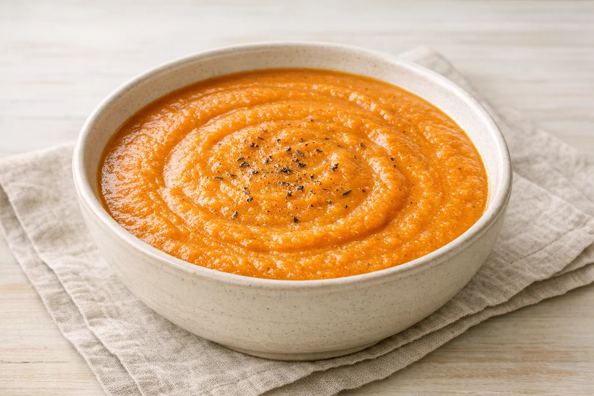 Roasted carrot & apple soup, prepared and ready to eat