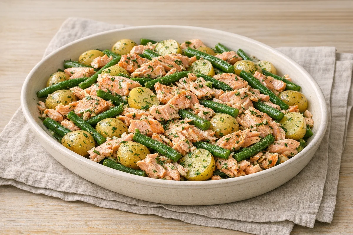 Salmon, dill & green bean salad, prepared and ready to eat