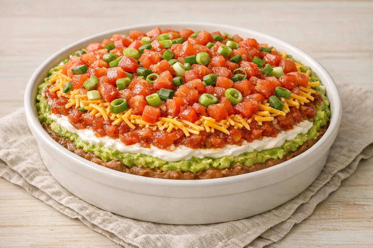 Seven-layer bean dip, prepared and ready to eat