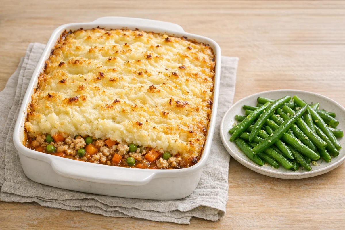Shepherd’s-style pie with lemony green beans, prepared and ready to eat
