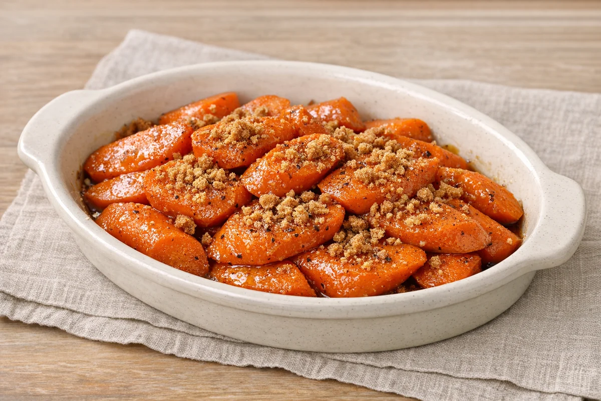Glazed carrots with gingersnap crunch, prepared and ready to eat