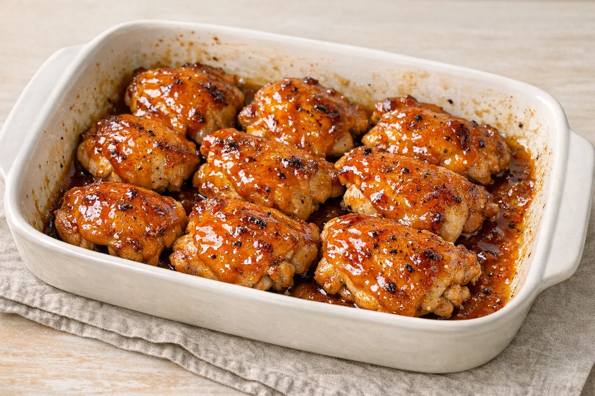 Sticky apricot-glazed chicken, prepared and ready to eat