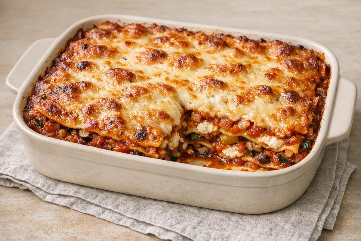 Vegetarian vegetable lasagna, prepared and ready to eat