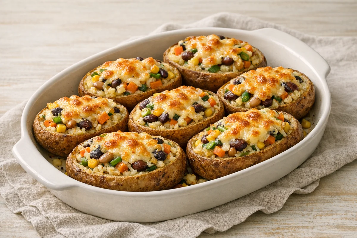 Vegetable-stuffed potato skins, prepared and ready to eat