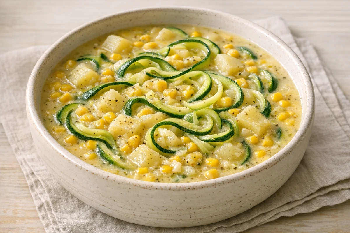 Zucchini noodle & corn chowder, prepared and ready to eat